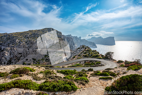 Image of Winding narrow road to lighthouse at Cape Formentor in the Coast of North Mallorca, Spain