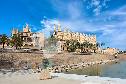 Image of Gothic medieval cathedral La Seu and Royal Palace of La Almudaina. Palma de Mallorca. Balearic Islands Spain.