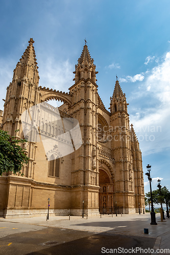 Image of Gothic medieval cathedral La Seu and Royal Palace of La Almudaina. Palma de Mallorca. Balearic Islands Spain.