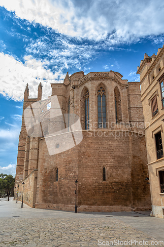 Image of Gothic medieval cathedral La Seu and Royal Palace of La Almudaina. Palma de Mallorca. Balearic Islands Spain.
