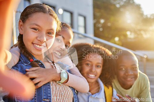 Image of Girls, boy and bonding diversity selfie on community school, education or learning campus social media, about us or memory. Portrait, smile and happy children, students or friends in photography pov