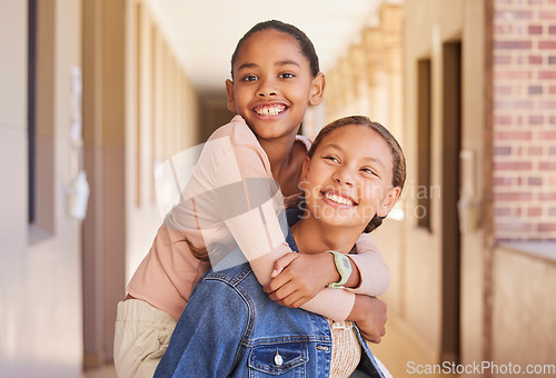 Image of friends, school and portrait of children doing piggyback, having fun and playing together at primary school. Education, back to school and young female students excited for learning, class and lesson