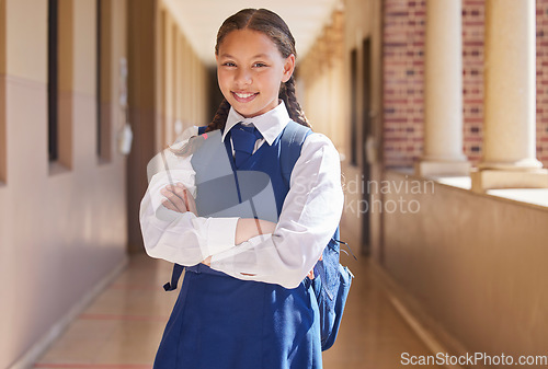 Image of Girl portrait, student and education of a child ready for morning class, development and learning. Happy face, proud and smile of a kid before study hall, scholarship work and youth studying
