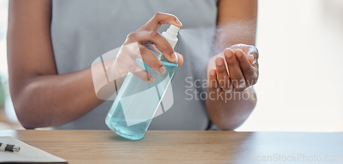 Image of Hand sanitizer, business woman and covid risk management, healthcare or safety in office to stop corona virus, cleaning compliance and hygiene. Spray bottle, liquid and product of bacteria protection