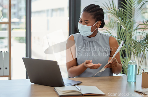 Image of Covid, laptop and black woman on a video call marketing a business proposal or startup paperwork feedback. Agenda, coronavirus and African employee in mask speaking, communication or talking online