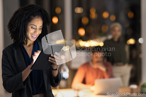 Image of Night business, black woman and tablet planning, research and online information, web app and technology in marketing agency. Young female entrepreneur, digital management and internet in dark office