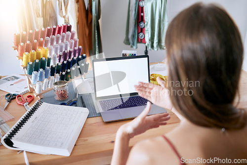 Image of Laptop, video call and fashion designer planning meeting for advertising, digital marketing or product placement on blank screen. Creative online conference, woman and stylist working at studio desk