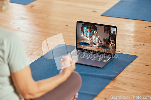 Image of Yoga, laptop and woman doing video exercise for health, wellness and balance in zen studio. Calm, peace and healthy lady with meditation or pilates workout with online tutorial guidance with computer