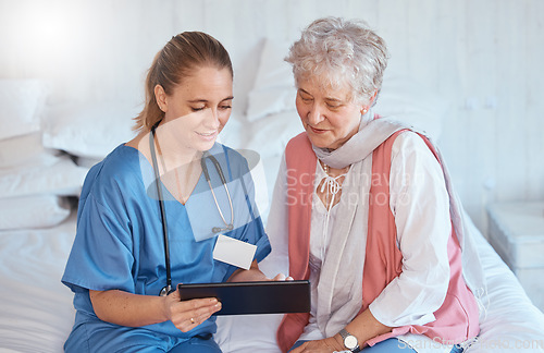 Image of Doctor, tablet and elderly patient in checkup, consultation or visit at home for diagnosis or prescription. Healthcare nurse holding touchscreen showing consultation exam or insurance in elderly care