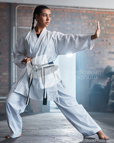 Image of Karate training, fitness and woman in gym, healthcare motivation and strong focus for fight workout. Fist, sport exercise and healthy athlete person or martial arts wellness for taekwondo competition