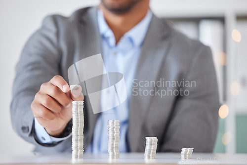 Image of Savings, investment and finance of businessman with money counting wealth, tax or income in office. Money, economy and financial growth of corporate man at desk building coin stack in workplace.