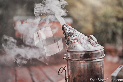 Image of Farming, nature and smoke machine for beekeeping ready for inspection of hive, bees and honey. Agriculture, sustainability and vintage smoker for honeycomb production, harvesting and natural produce