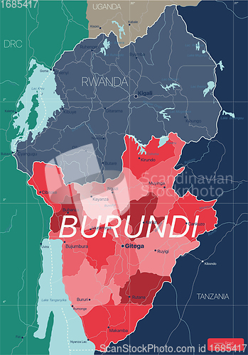 Image of Burundi country detailed editable map