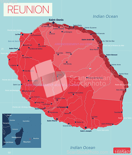 Image of Reunion island detailed editable map