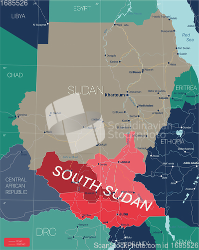 Image of South Sudan country detailed editable map