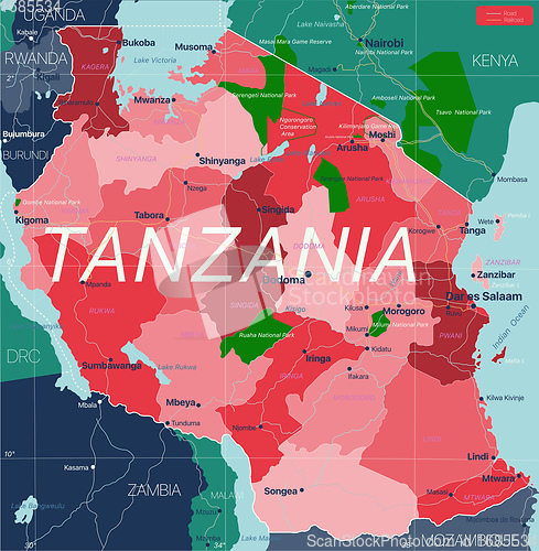 Image of Tanzania country detailed editable map