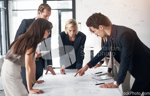 Image of Business people, architect and blueprint documents in meeting, collaboration and planning for strategy at office. Group of engineers in teamwork discussion or floor plan for industrial architecture