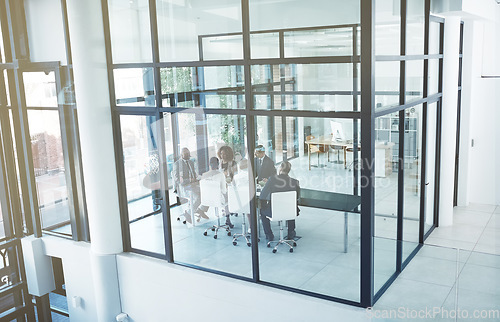 Image of People, business and meeting in the office, building and professional workplace for group in collaboration and teamwork. Businesspeople, board room and discussion of business and project management