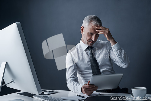 Image of Tablet, problem and elderly business man in studio isolated on a dark background mockup space. Technology, challenge and senior manager at desk for audit, tax or crisis for bankruptcy, debt or fail