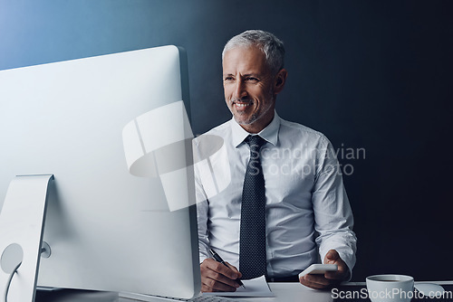 Image of Writing, computer and business man at desk online for research, internet and browse website in office. Networking, corporate worker and mature male person on smartphone, write notes and planning