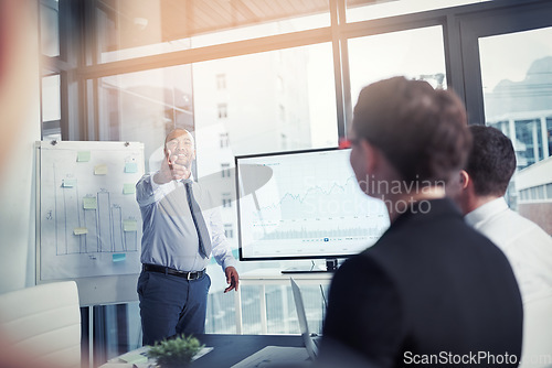 Image of Presentation, question and speaker pointing in a meeting for a report or corporate workshop in startup company. Board, manager and business man or mentor talking about growth or development strategy