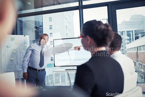 Image of Business meeting, screen and man in presentation of charts, graphs and timeline for profit, increase and finance. Financial data, corporate statistics and people, clients or manager on office monitor