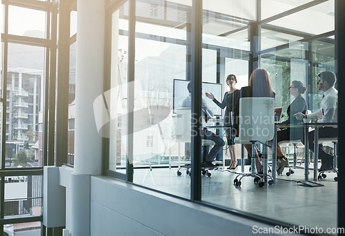 Image of Speaker, businesswoman or business people in a presentation for sales report or financial analysis. Data analytics, manager or leader planning in a corporate meeting on screen monitor in mentorship