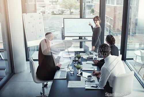 Image of Business woman, meeting and corporate presentation, financial charts or graphs for accounting profit, increase or sales. Finance, statistics and people, clients or manager show report on tv screen