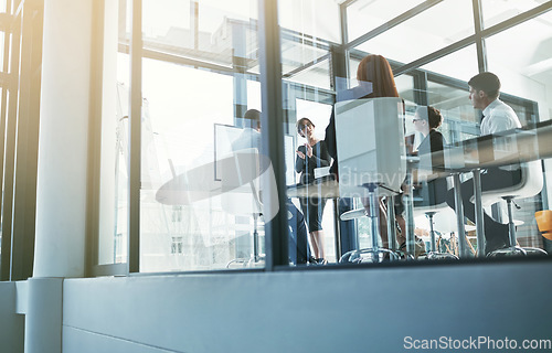 Image of Mentorship, woman teaching or business people in presentation for sales report or financial analysis. Window, leadership or female manager planning vision in a meeting on screen monitor in training