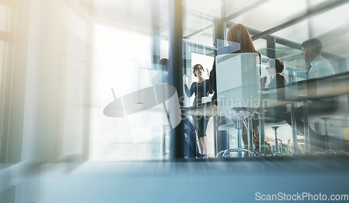 Image of Mentor, woman coaching or business people in presentation for sales report or financial analysis in training. Office blur, leadership or female manager planning vision in a meeting on screen monitor