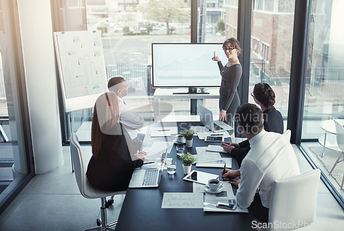 Image of Business people, meeting and data presentation, financial charts or graphs in accounting profit, increase or sales. Finance, corporate statistics and woman or manager show clients report on tv screen