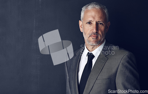 Image of Mockup, confidence and studio portrait of businessman in suit, serious and pride on dark background. Boss, ceo and business owner with professional career, senior model executive management with job.