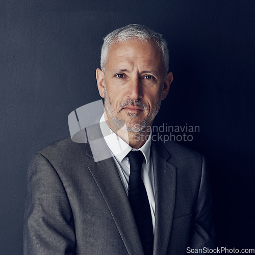 Image of Studio portrait of mature businessman, lawyer or attorney with serious face on dark background. Boss, ceo and professional business owner, senior director with executive management job at law firm.