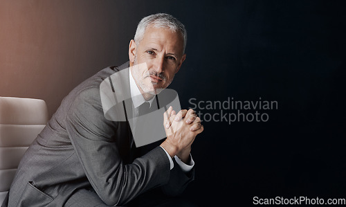 Image of Mockup, chair and portrait of businessman, lawyer or attorney, confidence on dark background and studio space. Boss, ceo and professional business owner, proud senior executive director at law firm.