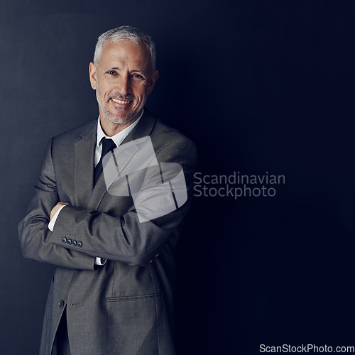 Image of Smile, confidence and portrait of businessman in mockup, arms crossed and pride on dark background. Boss, ceo and happy business owner with professional career, senior model in suit in executive job