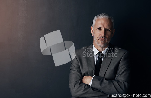 Image of Portrait, serious and businessman with mockup, confident lawyer or attorney on dark studio background. Boss, ceo and professional business owner, proud senior director at law firm with arms crossed.