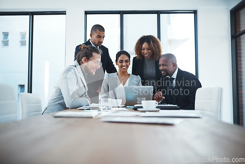 Image of Business people, brainstorming and team with a laptop, meeting and profit growth with traders, budget or share ideas. Group, men or women with a pc, collaboration or teamwork with investment or trade