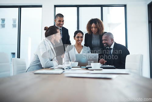 Image of Business people, group and staff with a laptop, meeting or financial planning with stock market, search internet or budget. Staff, men or women with a pc, teamwork or investment with fintech or goals