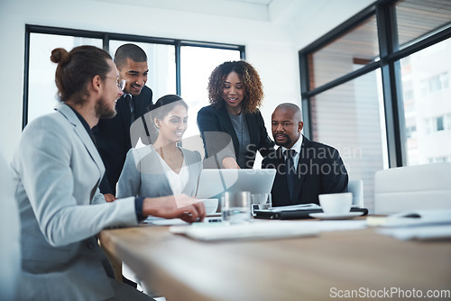 Image of Business people, invest and teamwork with a laptop, meeting and cooperation with a project, trade or planning. Staff, group or coworkers with a pc, discussion or budget with profit growth and talking