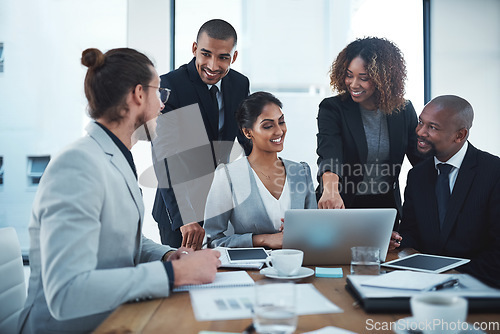 Image of Business people, group and team with a laptop, meeting and financial planning with profit growth. Staff, men and women with a pc, documents and budget with investment, trading and teamwork with goals