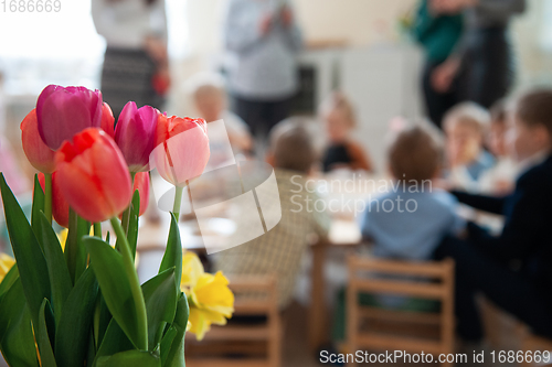 Image of Concept of spring holiday, womens day or mothers day in montessori school