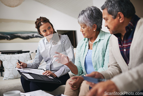 Image of Meeting, senior couple and financial advisor or woman for asset management, retirement planning and finance advice. Elderly man, partner and agent discussion of pension, home policy or life insurance