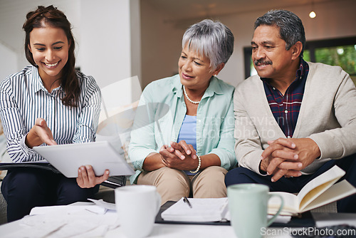 Image of Financial advisor, senior people and tablet asset management, retirement planning and finance advice. Elderly couple, woman and home meeting, digital information or show pension, budget or investment