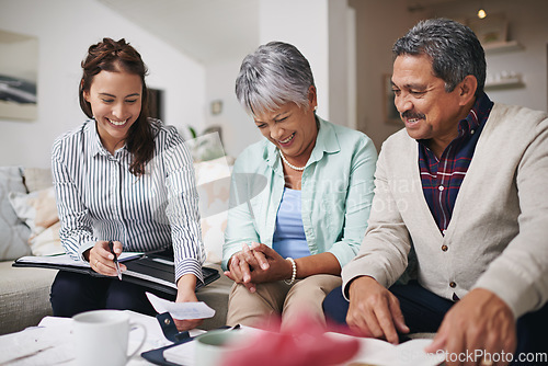 Image of Meeting, senior couple and financial advisor or woman for asset management, retirement planning and finance advice. Elderly man, partner and agent discussion of pension, home policy or life insurance