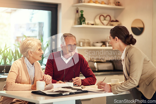Image of Senior couple, financial advisor and documents for bills, budget or retirement plan in expenses at home. Elderly man and woman in finance discussion with consultant or lawyer for paperwork or loan