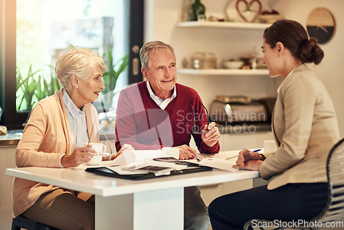 Image of Senior couple, financial advisor and documents for retirement plan, budget or expenses and bills at home. Elderly man and woman in finance discussion with consultant or lawyer for paperwork or loan
