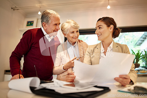 Image of Senior couple, financial advisor and paperwork in discussion for budget or retirement plan at home. Happy elderly man and woman with consultant or lawyer and documents for investment planning or loan