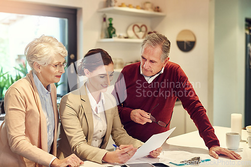 Image of Senior couple, accountant and documents in finance, budget or agreement for consultation at home. Happy elderly man and woman with consultant or lawyer for financial planning, paperwork or investment