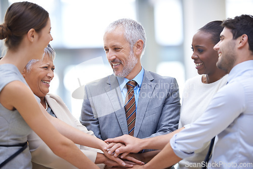 Image of Business people, group and hands together for collaboration cooperation and solidarity. Teamwork, smile and community huddle of employees for support, trust and motivation for goals in partnership.