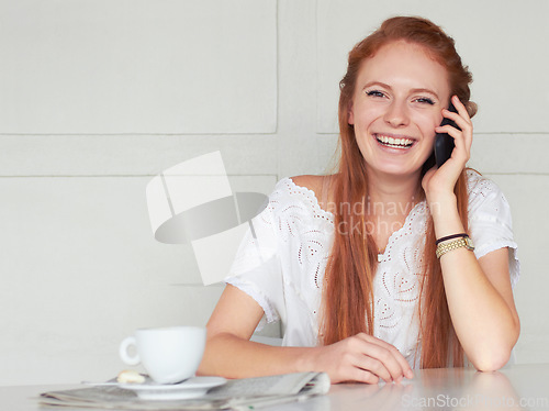 Image of Coffee shop, portrait and happy woman with phone call, relax and enjoy conversation on wall background. Cafe, smartphone and face of female person speaking while on her day off, weekend or tea break